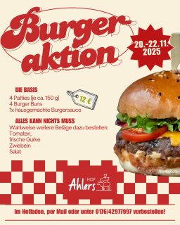Nächstes Wochenende gibt es eine Burgeraktion!🍔
Die Grundlagen für 4 Burger gibt es für 12 € und auch die Beilagen könnt ihr dazu wählen.🙌🏼 
Bitte vorbestellen bis spätestens Mittwoch, damit die Pakete vorbereitet werden können.🤗

#burger #beef #rindfleisch #pattie #burgeraktion #regional #dörpen #dersum #heede #emsland