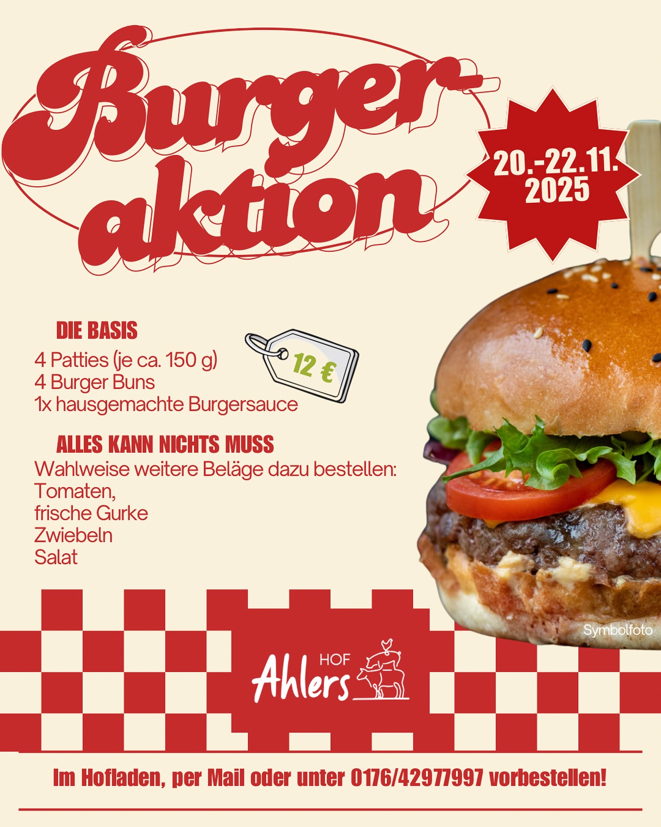 Nächstes Wochenende gibt es eine Burgeraktion!🍔
Die Grundlagen für 4 Burger gibt es für 12 € und auch die Beilagen könnt ihr dazu wählen.🙌🏼 
Bitte vorbestellen bis spätestens Mittwoch, damit die Pakete vorbereitet werden können.🤗

#burger #beef #rindfleisch #pattie #burgeraktion #regional #dörpen #dersum #heede #emsland