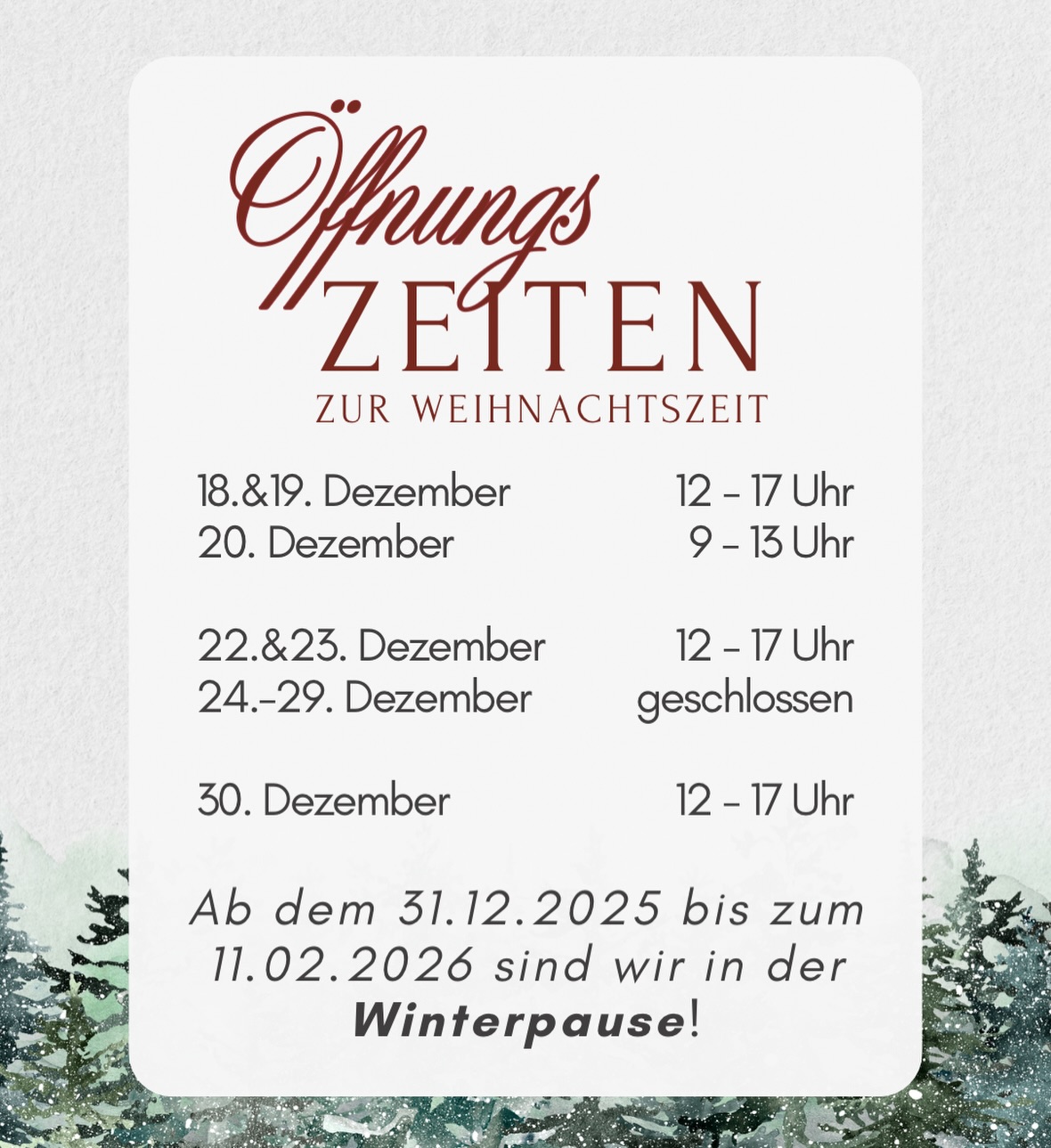 ⏰Öffnungszeiten zur Weihnachtszeit🎄✨