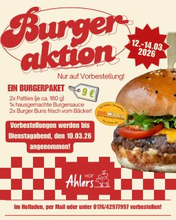 🍔Burger-Aktion vom 12.-14.03.26!😍
Dieses Mal gibt es frische Brötchen von der Bäckerei Uhlen!🥯 Ein Paket besteht aus 2 Burgern und dazu gibt es unsere hausgemachte BBQ-Sauce!

Bis Dienstagabend nehmen wir Bestellungen entgegen!☎️ #burger