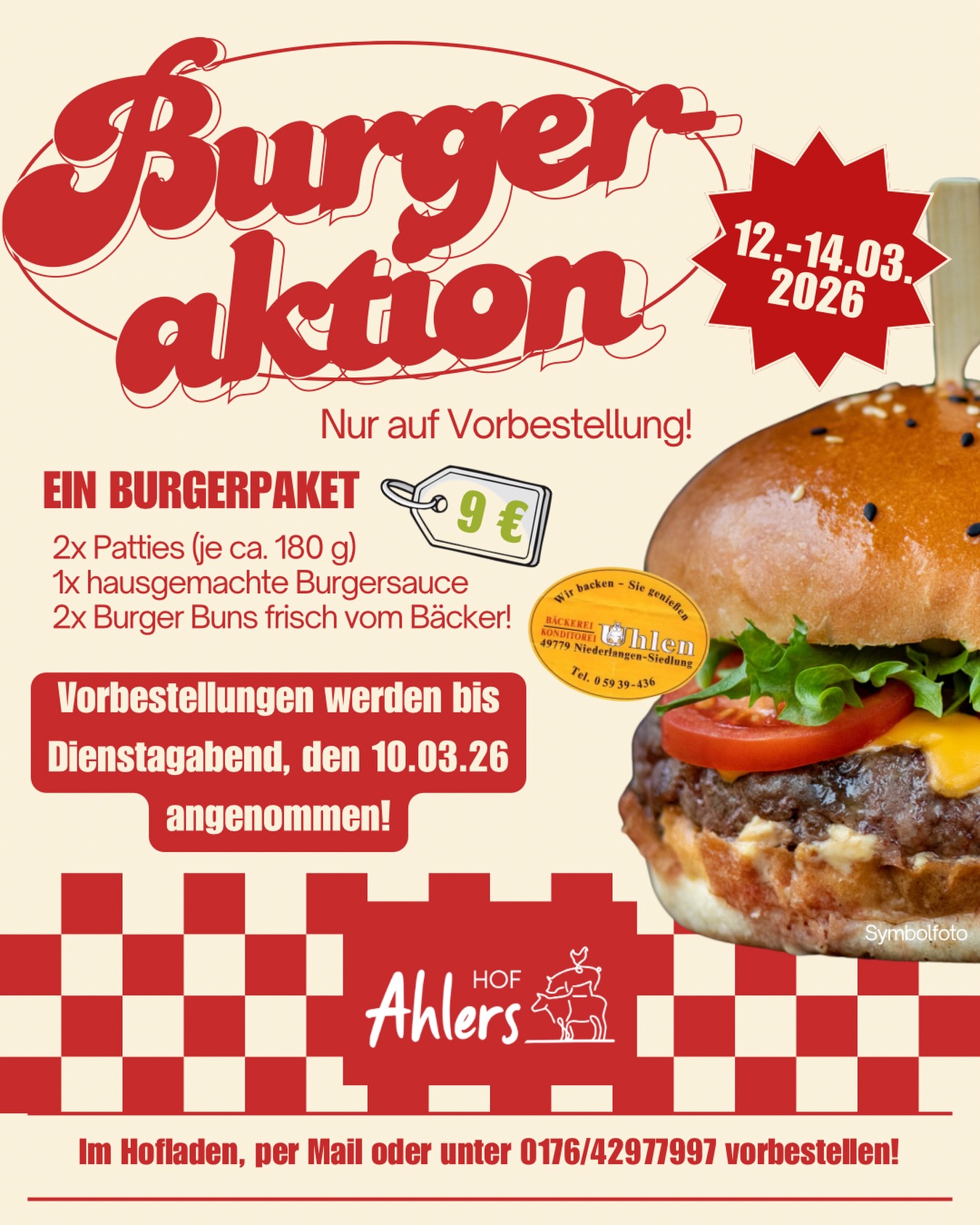 🍔Burger-Aktion vom 12.-14.03.26!😍
Dieses Mal gibt es frische Brötchen von der Bäckerei Uhlen!🥯 Ein Paket besteht aus 2 Burgern und dazu gibt es unsere hausgemachte BBQ-Sauce!

Bis Dienstagabend nehmen wir Bestellungen entgegen!☎️ #burger