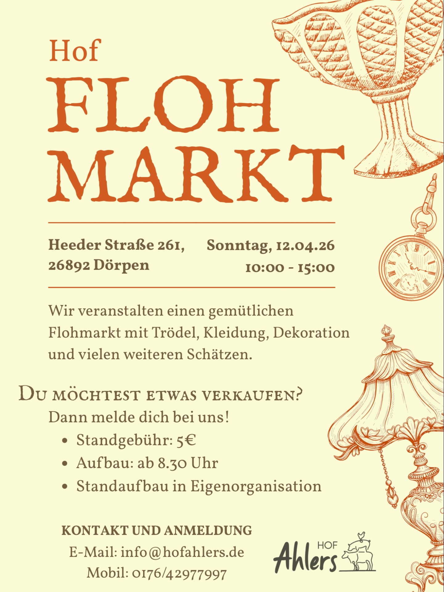Hof-Flohmarkt🫱🏼🫲🏽✨ Am Sonntag, den 12.04.26 findet auf unserem Hof ein kleiner Flohmarkt statt.
Von Trödel, über Klamotten oder Dekoration ist alles erlaubt, was Second Hand ist.🏺
Ihr habt Lust etwas zu verkaufen? Dann habt ihr jetzt die Chance. Meldet euch einfach per Mail oder überdie Telfonnummer per Anruf oder WhatsApp.☺️
Wir freuen uns!😍#flohmarkt #hofflohmarkt #dörpen #emsland #secondhand