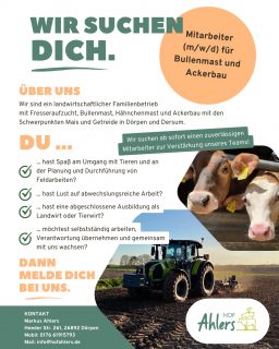 Wir suchen einen neuen Mitarbeiter oder eine Mitarbeiterin für die Bereiche Bullenmast und Ackerbau!🚜🐂 
Du bist interessiert? Dann kontaktiere uns gerne😊 Wenn ihr uns unterstützen wollt, teilt oder leitet den Beitrag gerne weiter!🚀 #mitarbeitergesucht #bullenmast #ackerbau #bewerbung 

Den Link zur Jobanzeige auf EBay findet ihr in der Bio.