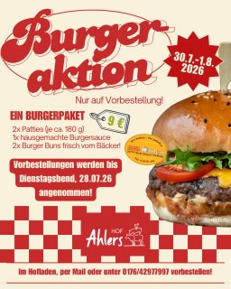 🍔Burgeraktion🍔
Nächstes Wochenende (30.7.-1.8.26) gibt es wieder Burgerpakete auf Vorbestellung! 
Im Paket enthalten sind unsere Patties,selbstgemachte BBQ-Sauce und Brötchen von der Bäckerei Uhlen!🥯

Jetzt schnell vorbestellen!📞 #burgertime #burgeraktion #regional #selfmade #dörpen