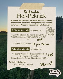 Hof-Picknick🧺
Ab nächster Woche könnt ihr bei uns mit Anmeldung picknicken auf unserer Wiese🌱 Ihr kommt mit den nötigen Utensilien und wir stellen euch die Produkte zusammen. Je nach Belieben könnt ihr auch noch mehr Lebensmittel hinzufügen.

Wer Lust hat, kann noch unsere Wollschweine besuchen🐗
Bei Fragen meldet euch einfach bei uns!🙌🏼 #picknick #hoferlebnis #dörpen #emsland #regional
