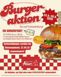 🍔Burgeraktion🍔
Nächstes Wochenende (24.9.-26.9.26) gibt es wieder Burgerpakete auf Vorbestellung! 
Im Paket enthalten sind unsere Patties,selbstgemachte BBQ-Sauce und Brötchen von der Bäckerei Uhlen!🥯

Jetzt schnell vorbestellen!📞 #burgertime #burgeraktion #regional #selfmade #dörpen