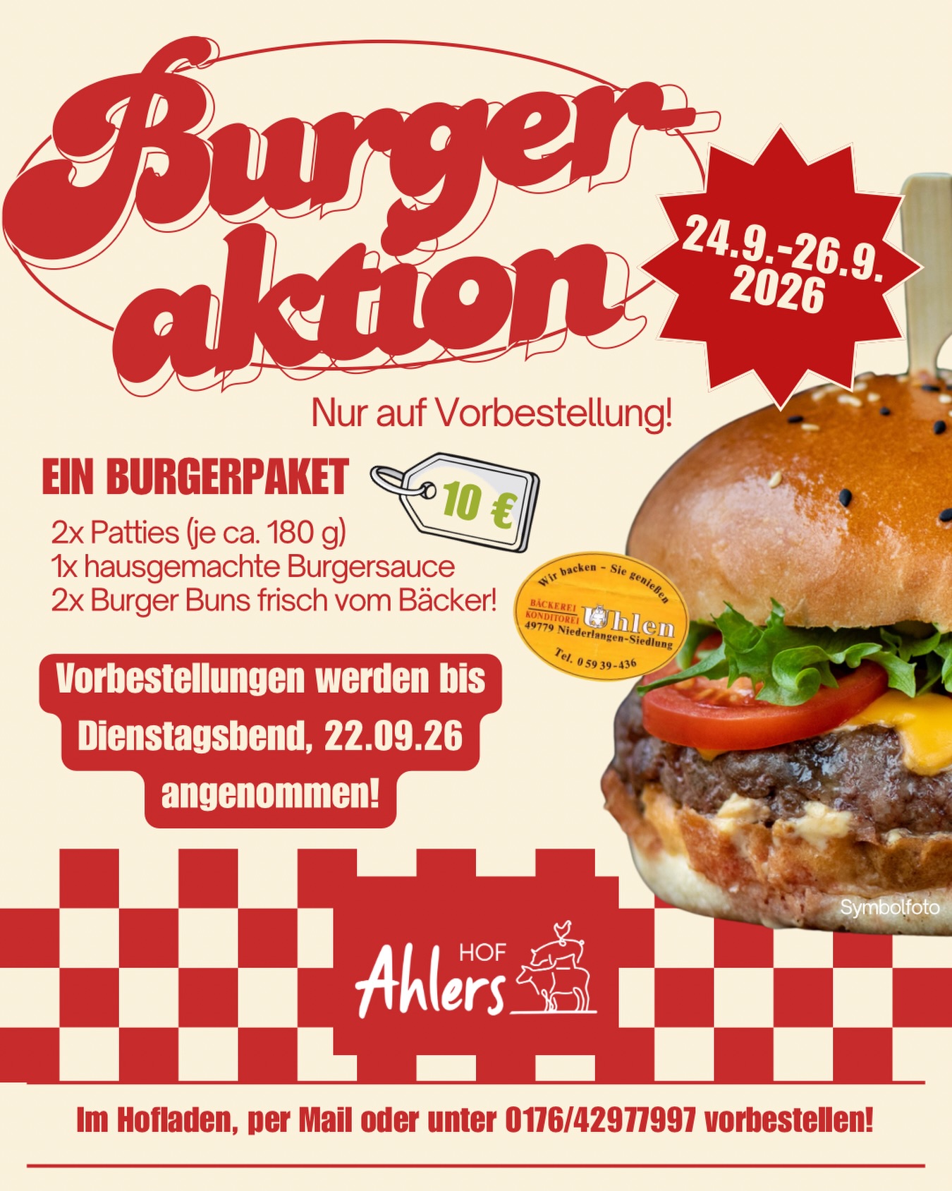 🍔Burgeraktion🍔
Nächstes Wochenende (24.9.-26.9.26) gibt es wieder Burgerpakete auf Vorbestellung! 
Im Paket enthalten sind unsere Patties,selbstgemachte BBQ-Sauce und Brötchen von der Bäckerei Uhlen!🥯

Jetzt schnell vorbestellen!📞 #burgertime #burgeraktion #regional #selfmade #dörpen